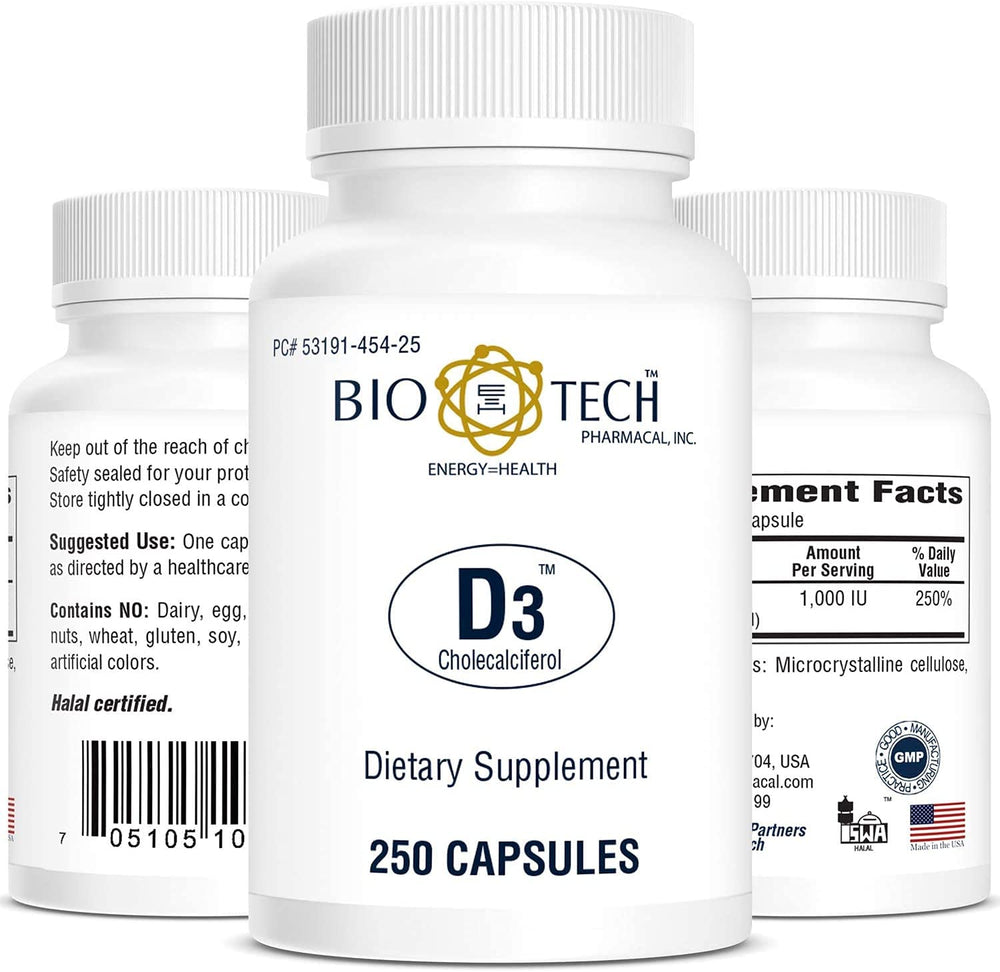 Bio-Tech Pharmacal D3-5 bottle label highlights allergen-free, halal-certified formulation