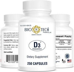 Bio-Tech Pharmacal D3-5 bottle label highlights allergen-free, halal-certified formulation