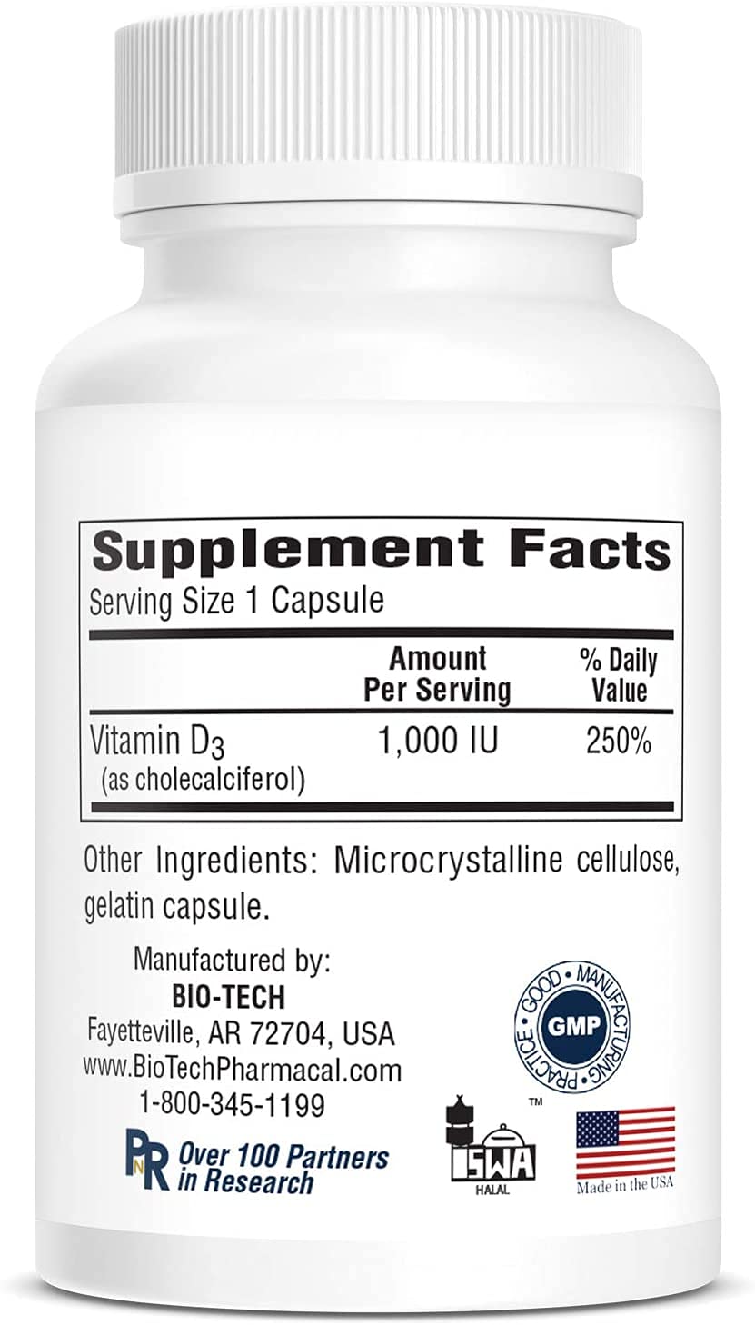 Bio-Tech Pharmacal D3-5 nutrition panel displays 5,000 IU per capsule