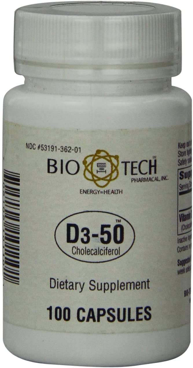 Bio-Tech Pharmacal D3-50 bottle cap close-up highlighting high-potency vitamin D3 for bone support.
