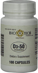 Bio-Tech Pharmacal D3-50 bottle cap close-up highlighting high-potency vitamin D3 for bone support.