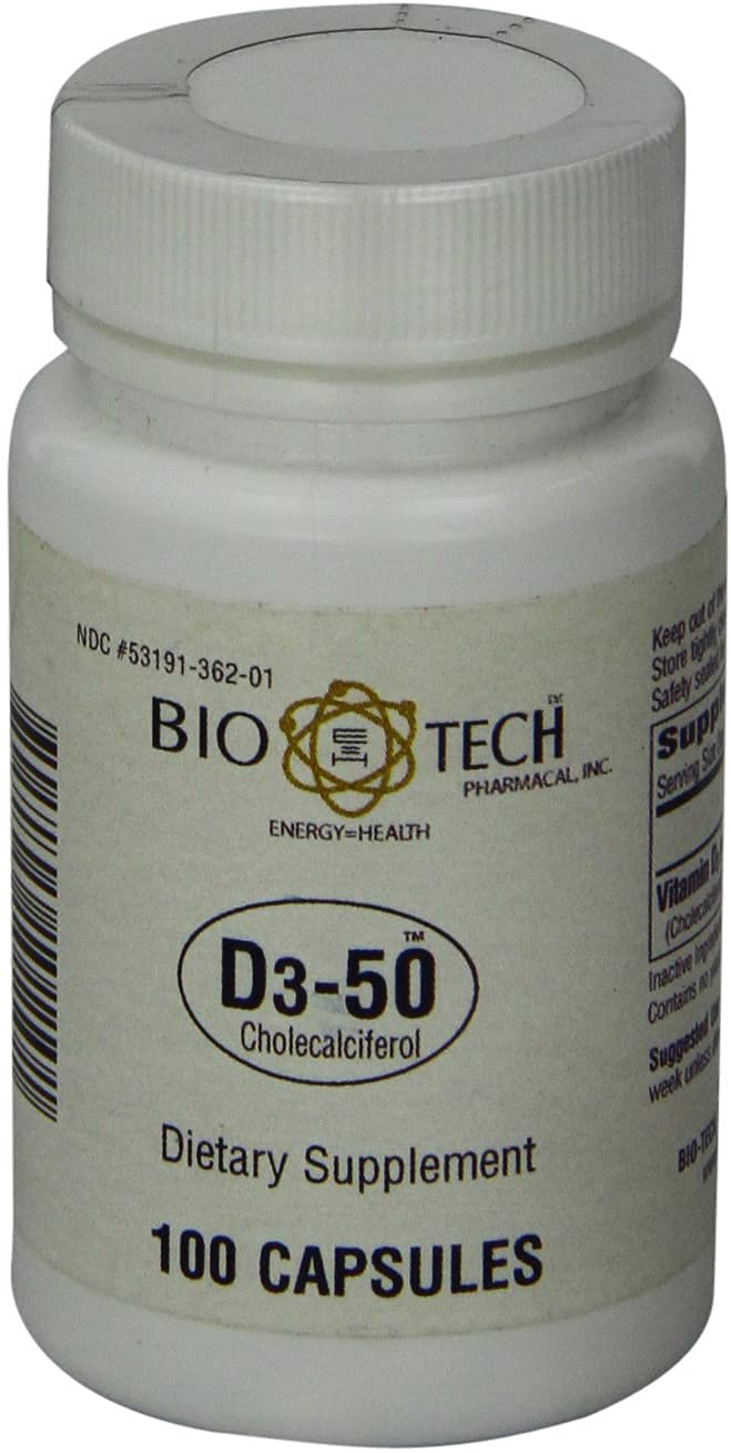 Bio-Tech Pharmacal D3-50 dosage card close-up for weekly intake guidance.