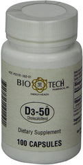 Bio-Tech Pharmacal D3-50 dosage card close-up for weekly intake guidance.