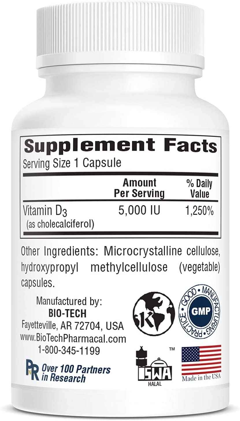 Bio-Tech Pharmacal D3 capsule closeup emphasizes dry, water-soluble formula.