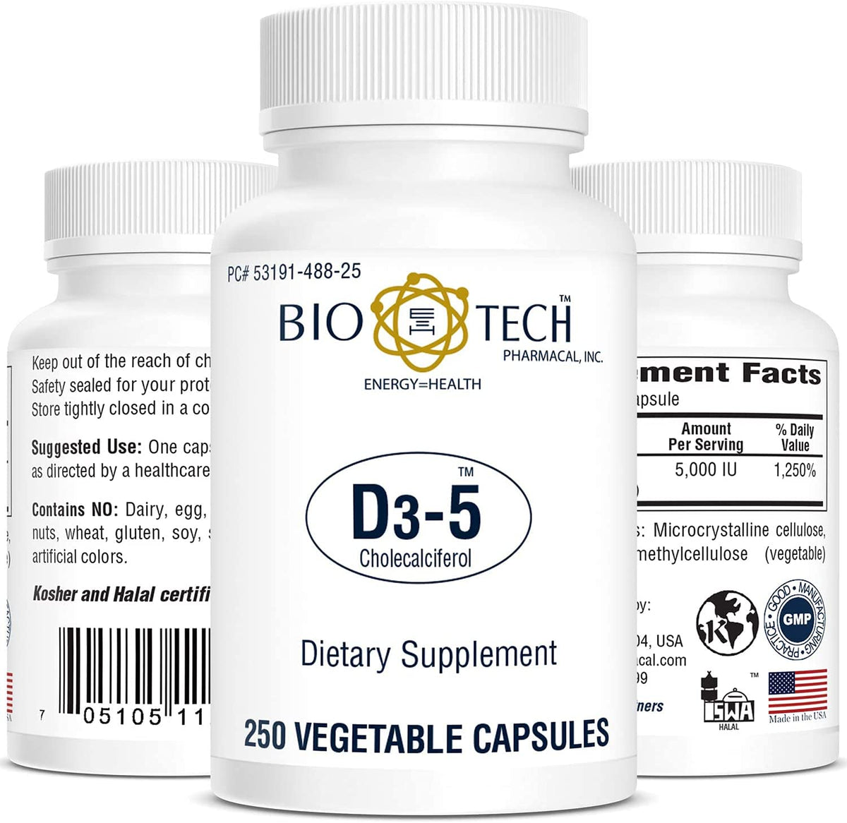 Bio-Tech Pharmacal Vitamin D3 bottle with 5k IU for daily bone and immune support.