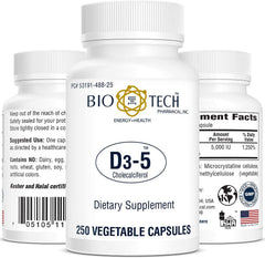 Bio-Tech Pharmacal Vitamin D3 bottle with 5k IU for daily bone and immune support.
