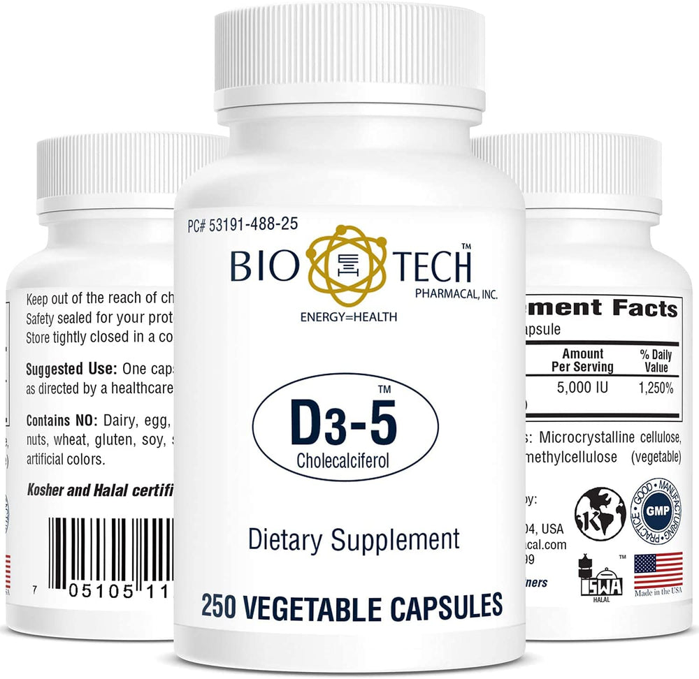 Bio-Tech Pharmacal Vitamin D3 bottle on shelf supports routine vitamin intake.
