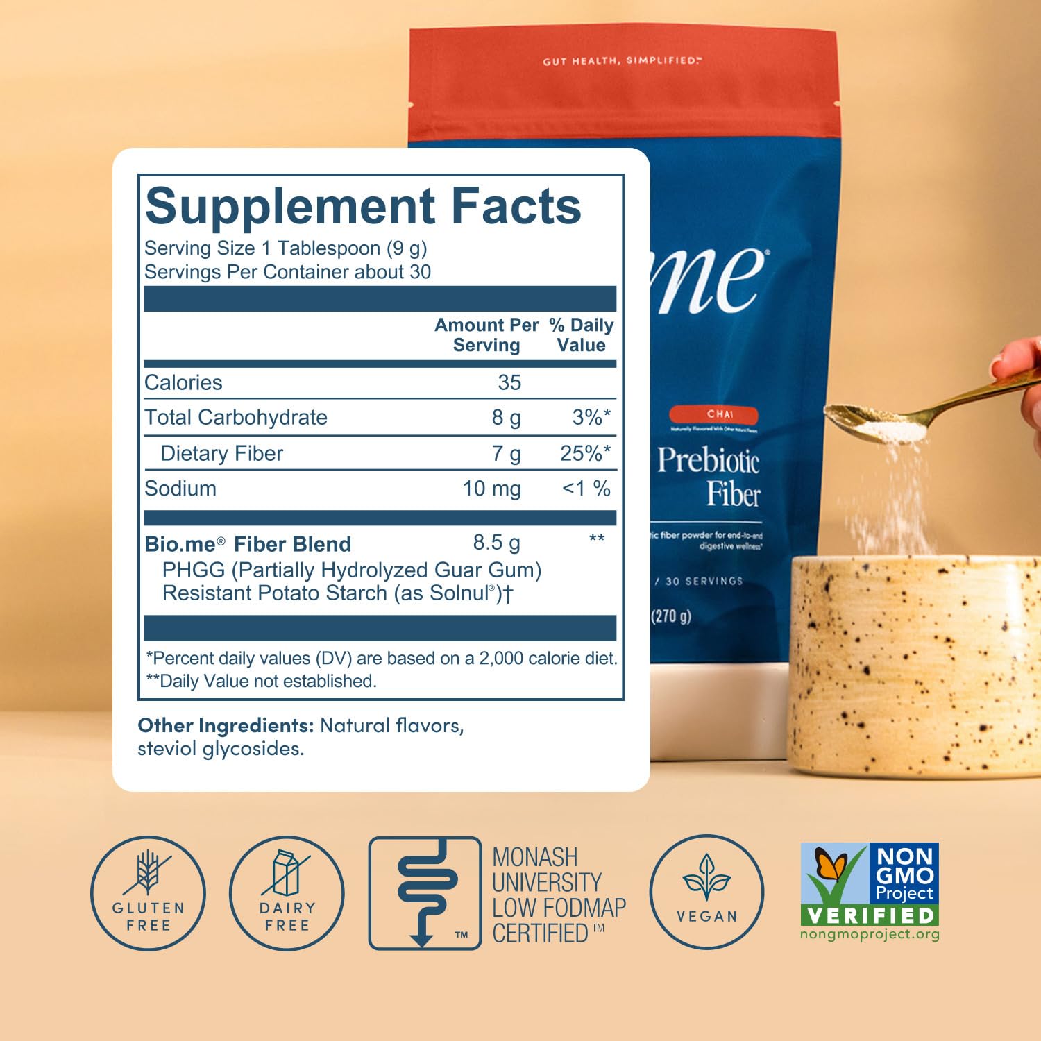 Bio.me Daily Prebiotic Fiber Powder Chai ingredients include PHGG and potato starch.