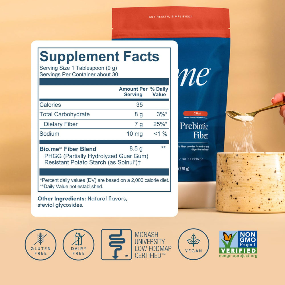 Bio.me Daily Prebiotic Fiber Powder Chai ingredients include PHGG and potato starch.