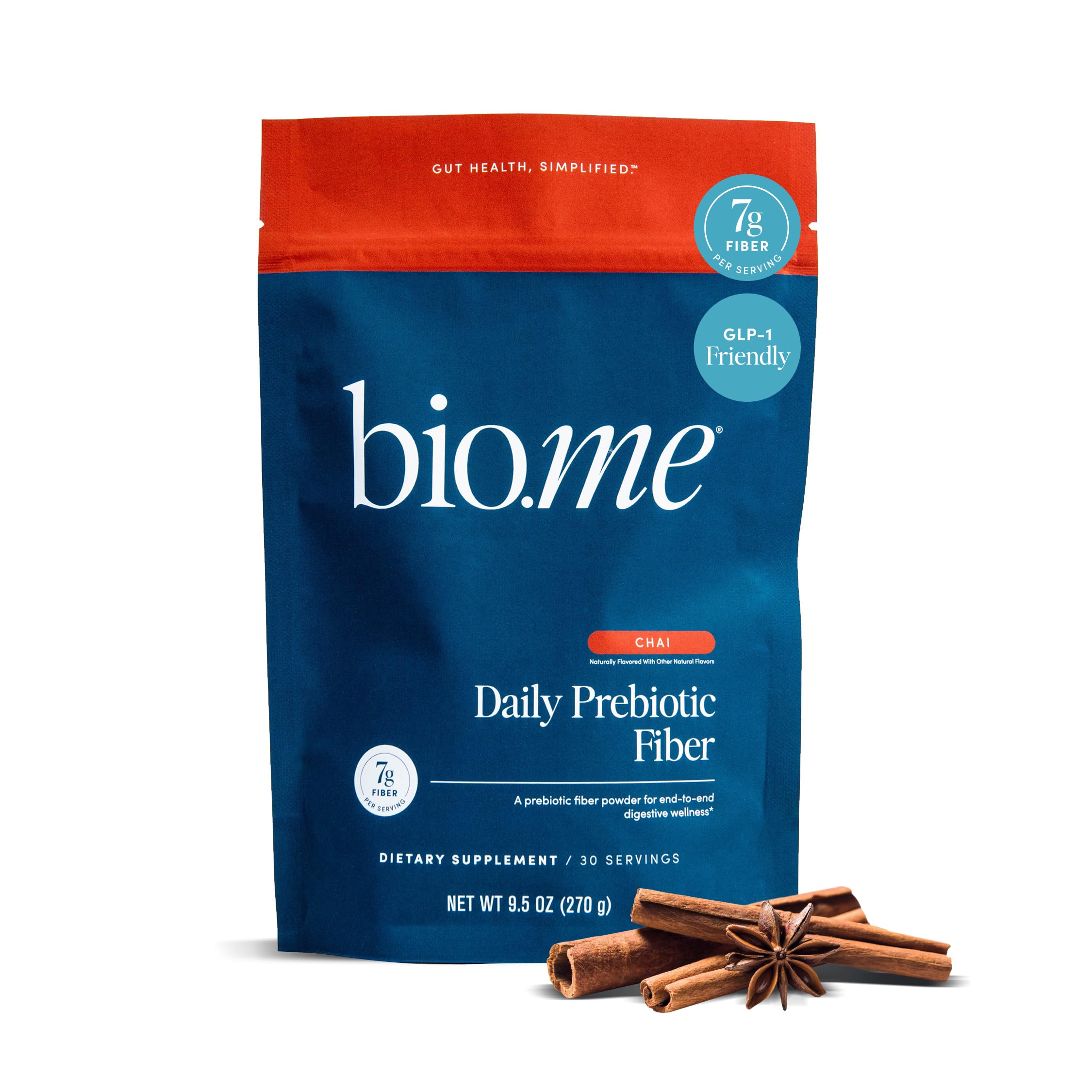 Bio.me Daily Prebiotic Fiber Powder Chai tub showcasing 7g soluble fiber per serving.