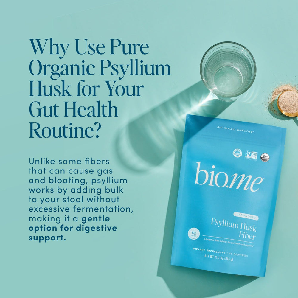 Bio.me Psyllium husk fiber certified quality badge emphasizing purity and safety.