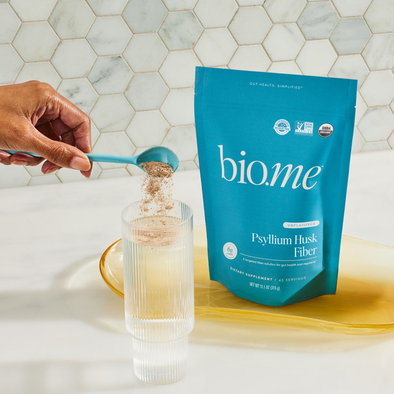Bio.me Psyllium husk fiber gel texture in glass after stirring.