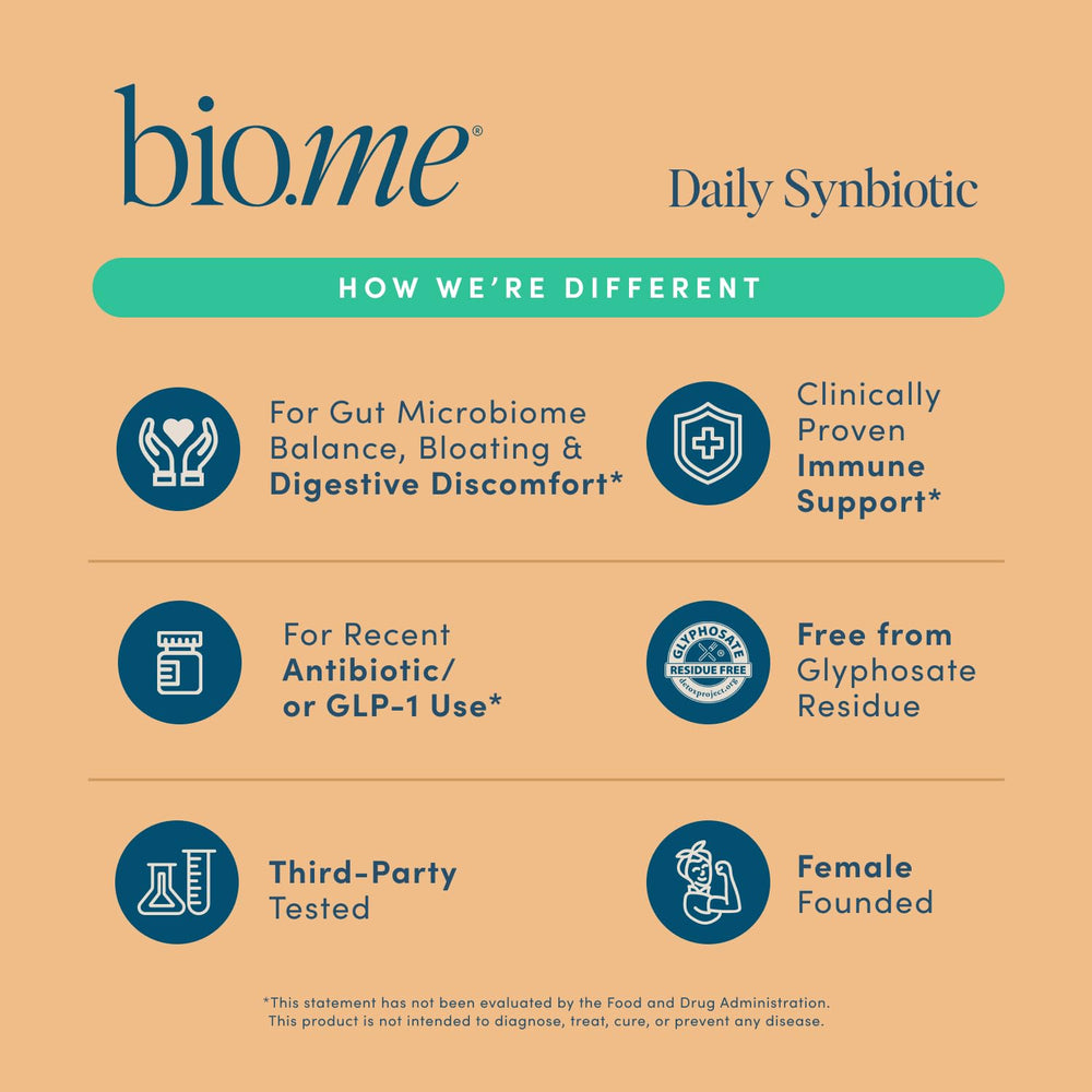 Bio.me Synbiotic capsules beside fresh foods for daily wellness.