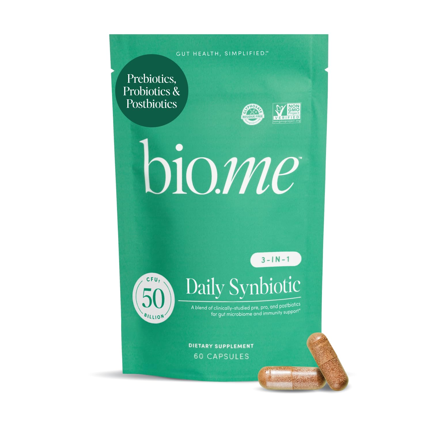 Bio.me Synbiotic 3-in-1 bottle with vegan capsules for digestive health.