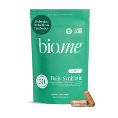 Bio.me Synbiotic 3-in-1 bottle with vegan capsules for digestive health.