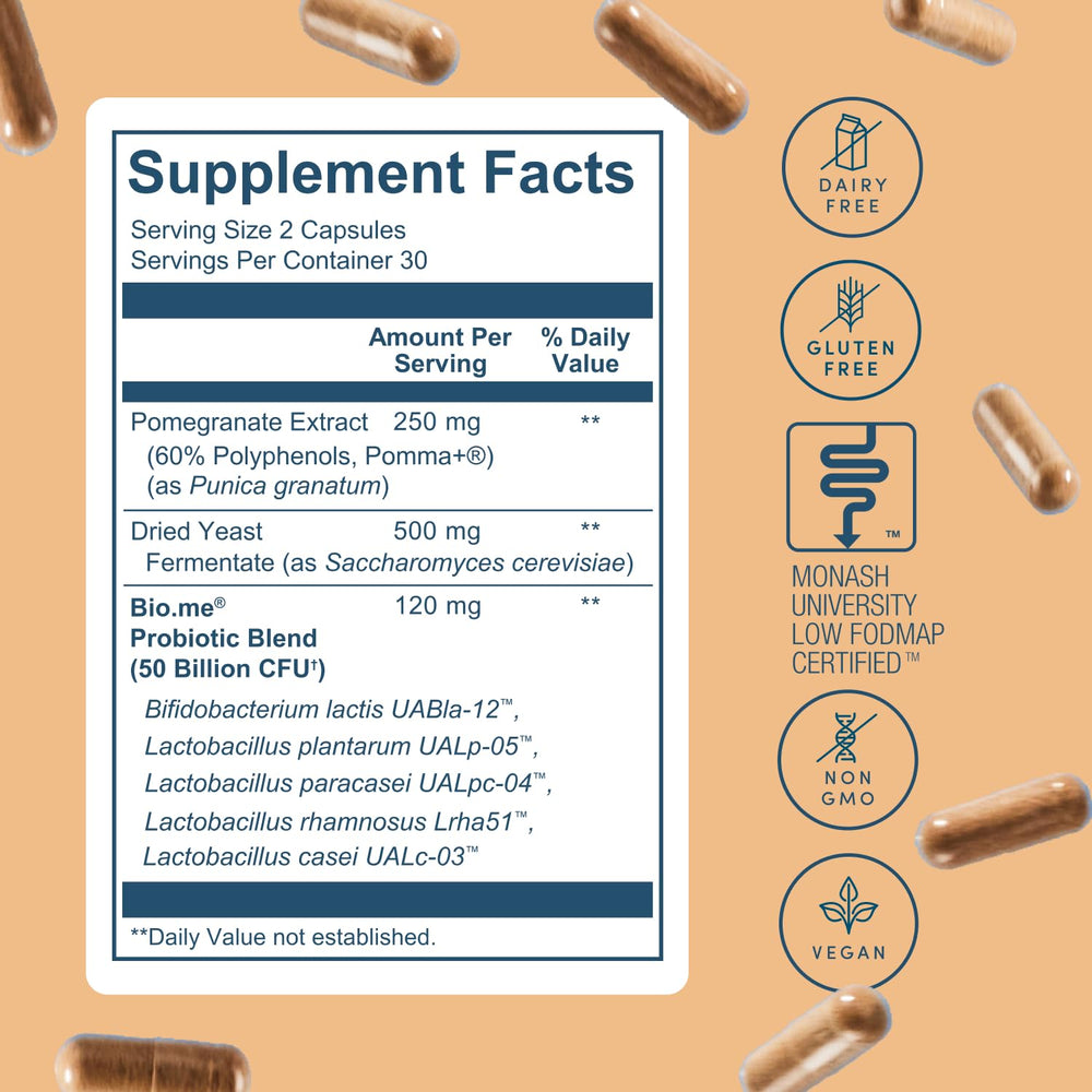 Bio.me Synbiotic label close-up highlighting vegan and non-GMO promise.