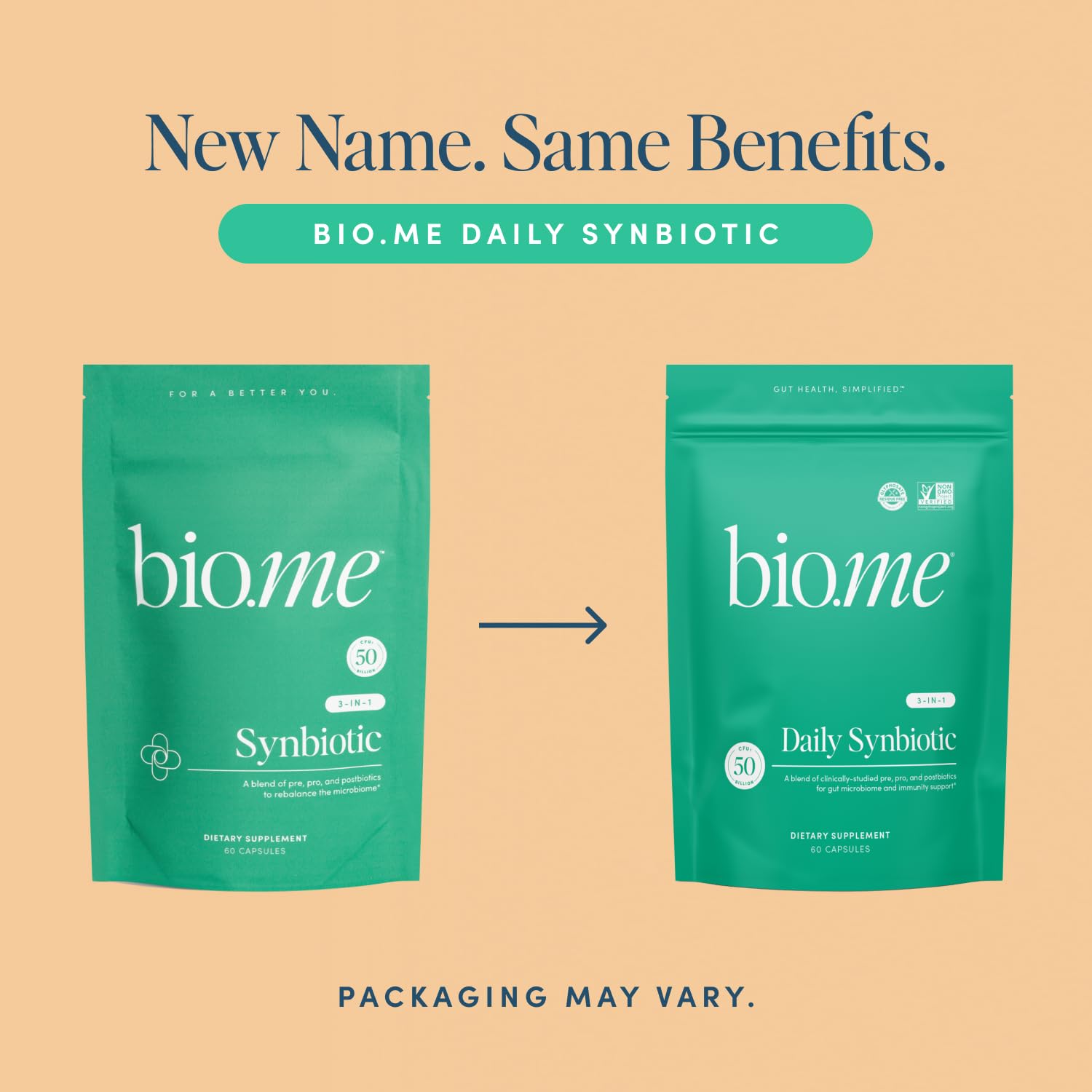 Bio.me Synbiotic label emphasizes prebiotic and probiotic synergy.