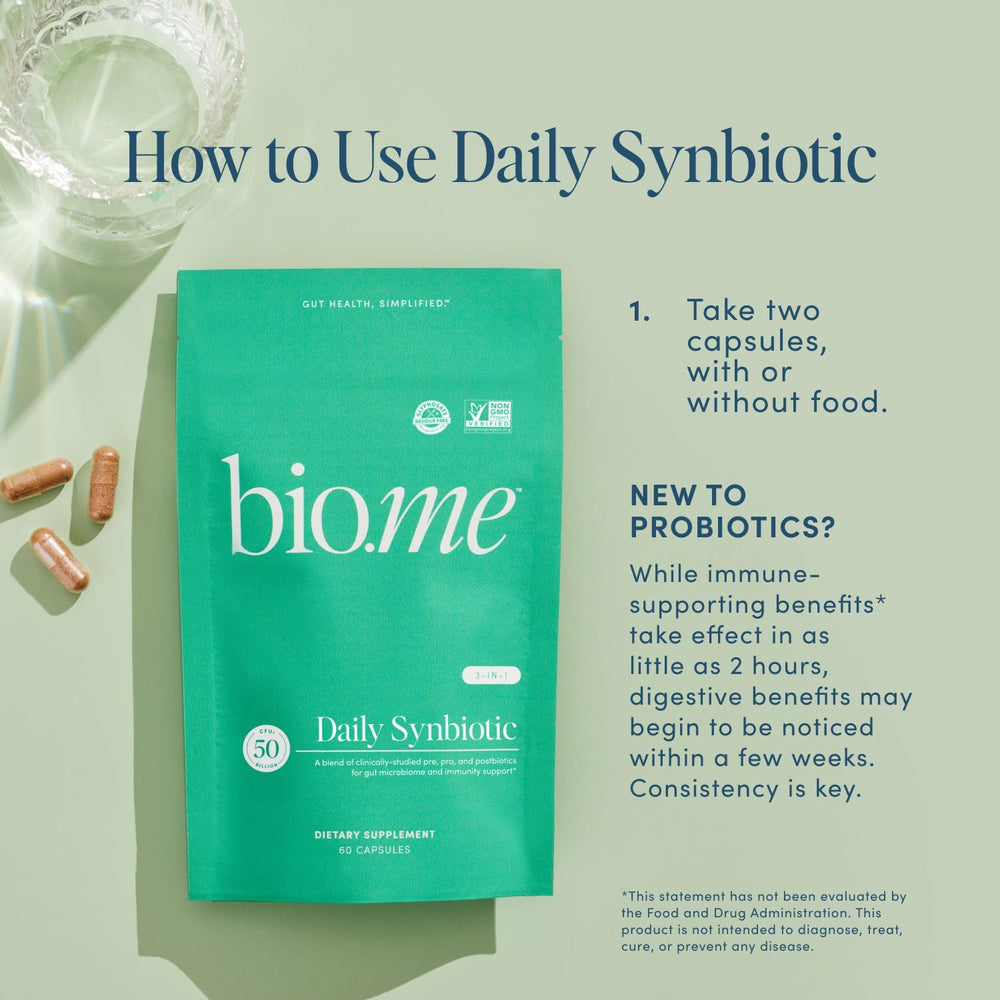 Bio.me Synbiotic product shot featuring 60 vegan capsules and clean ingredients.