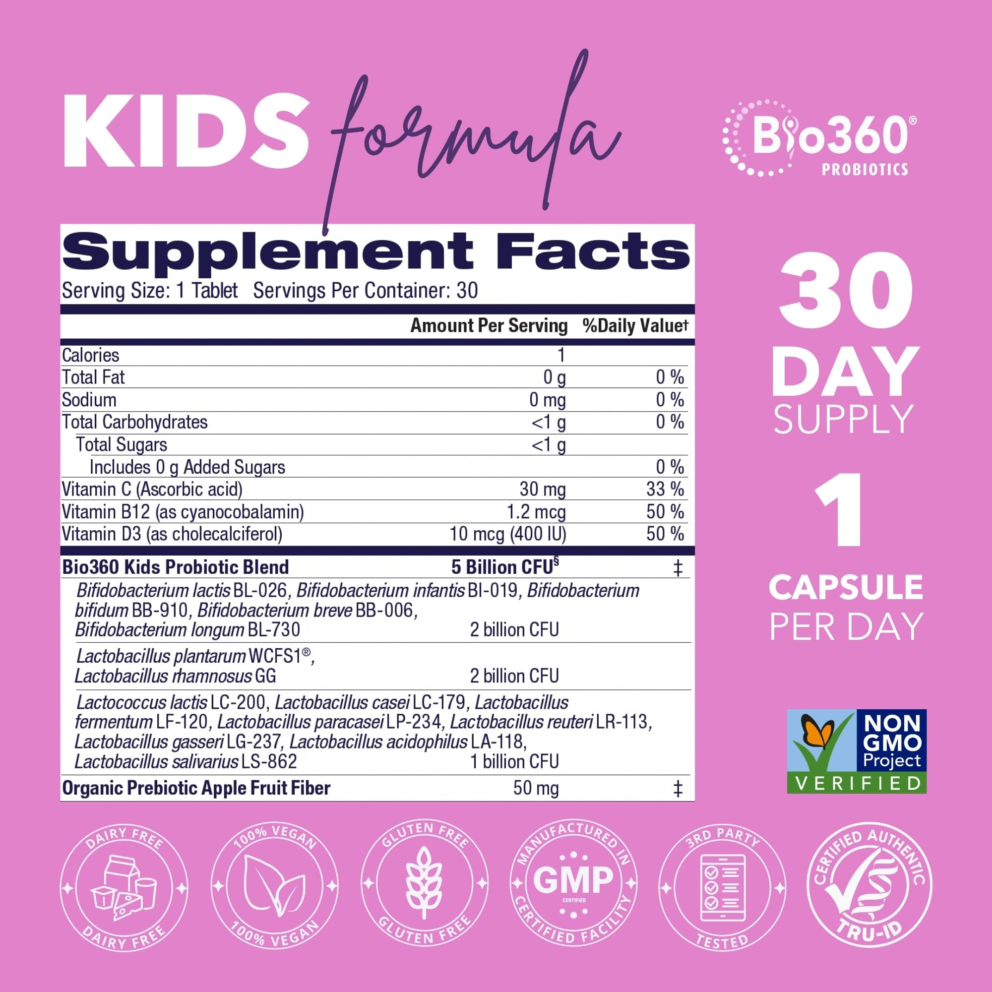 Bio360 Probiotics Kids label highlights 15 strains