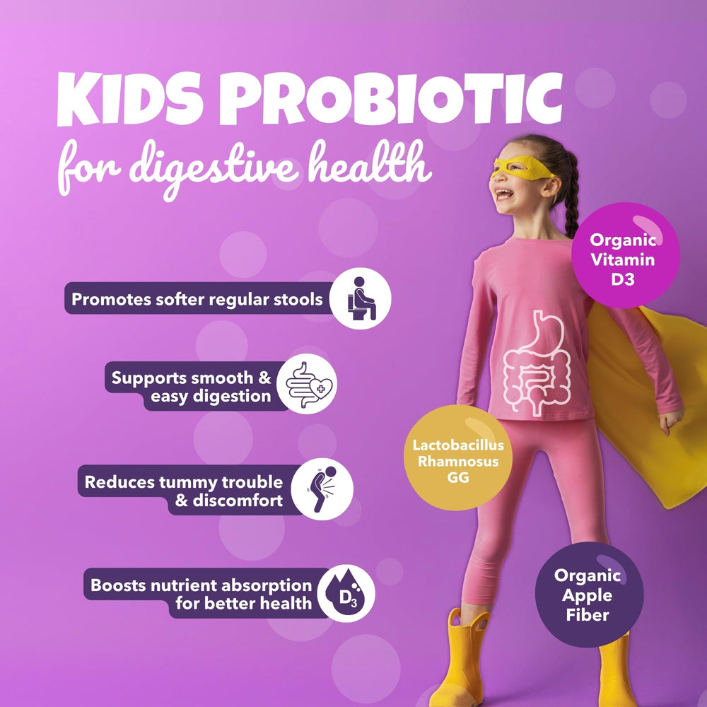 Close-up of Bio360 Kids chewables showing mixed berry flavor for daily use