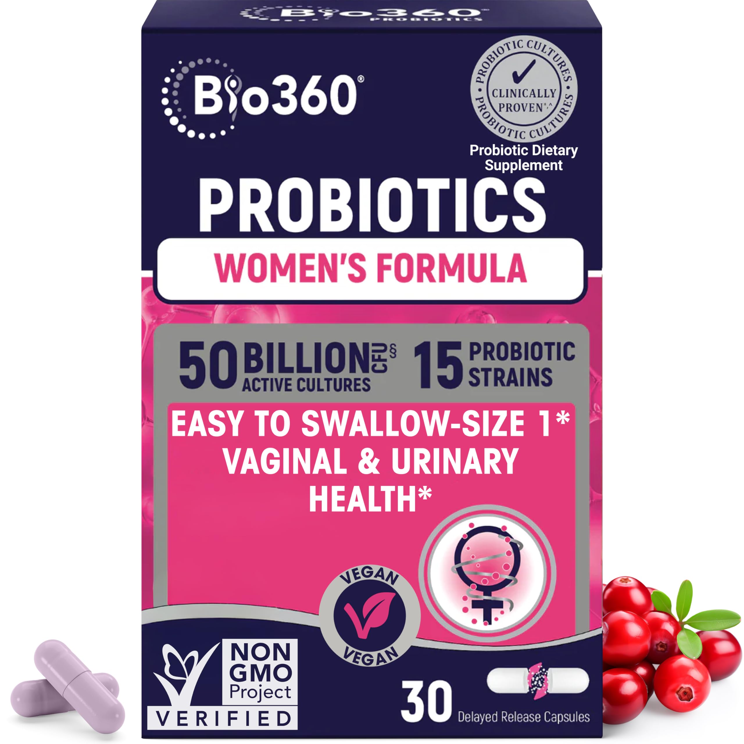 Bio360 Probiotics bottle with capsules for vaginal and digestive health support
