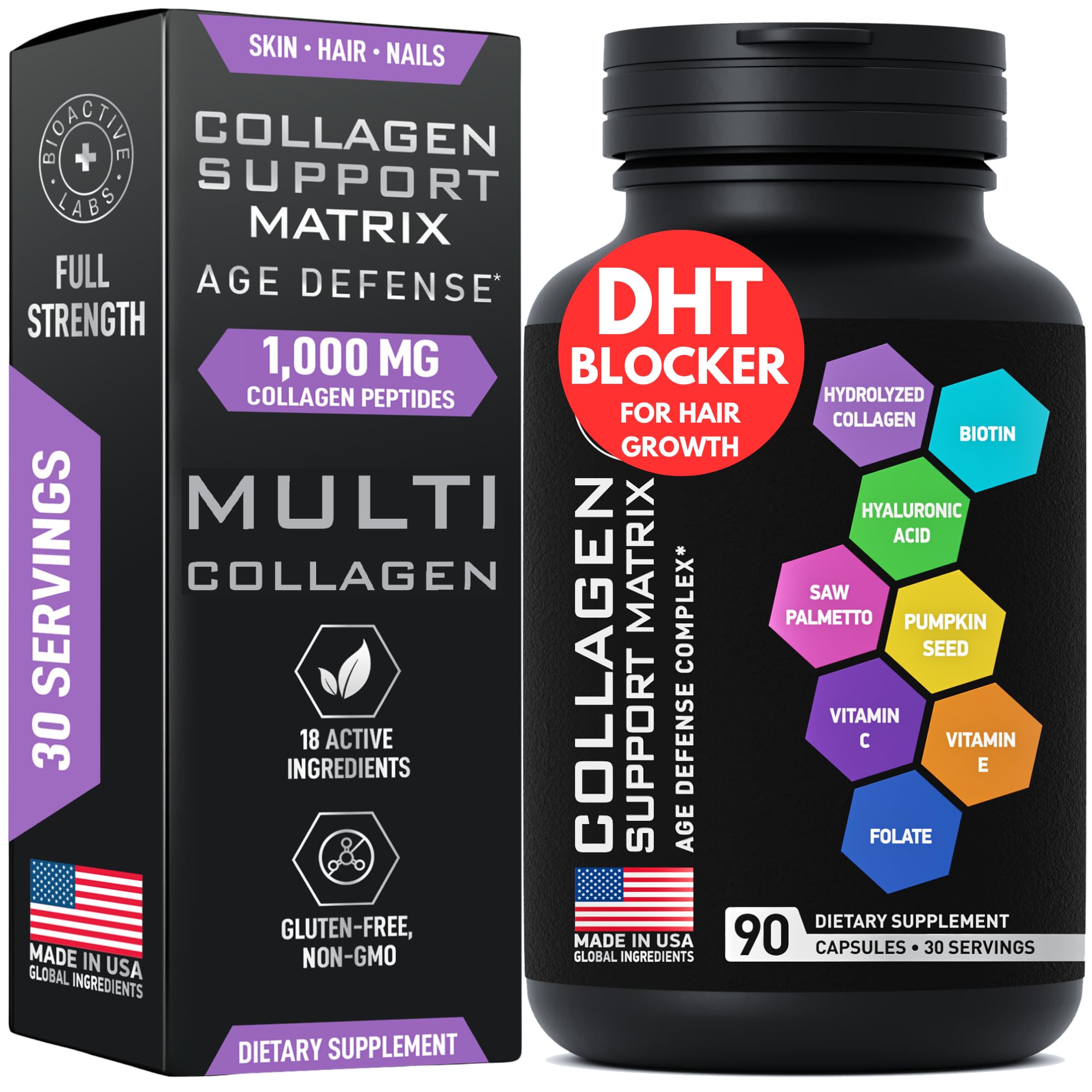 BIOACTIVE LABS Age Defense bottle pour highlighting a premium daily supplement for skin and hair.