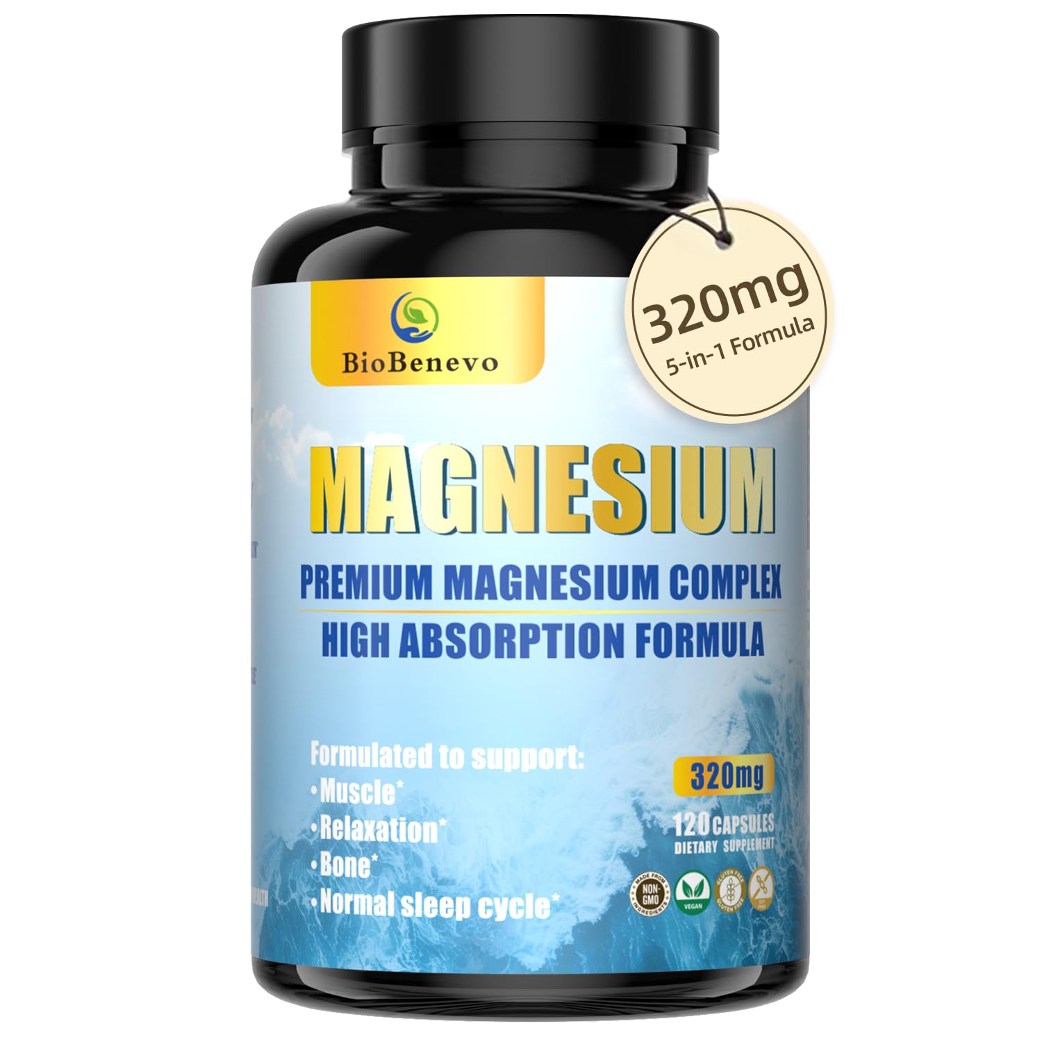 BioBenevo 5-in-1 Magnesium Complex bottle on a table supporting daily energy and sleep.