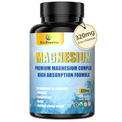 BioBenevo 5-in-1 Magnesium Complex bottle on a table supporting daily energy and sleep.