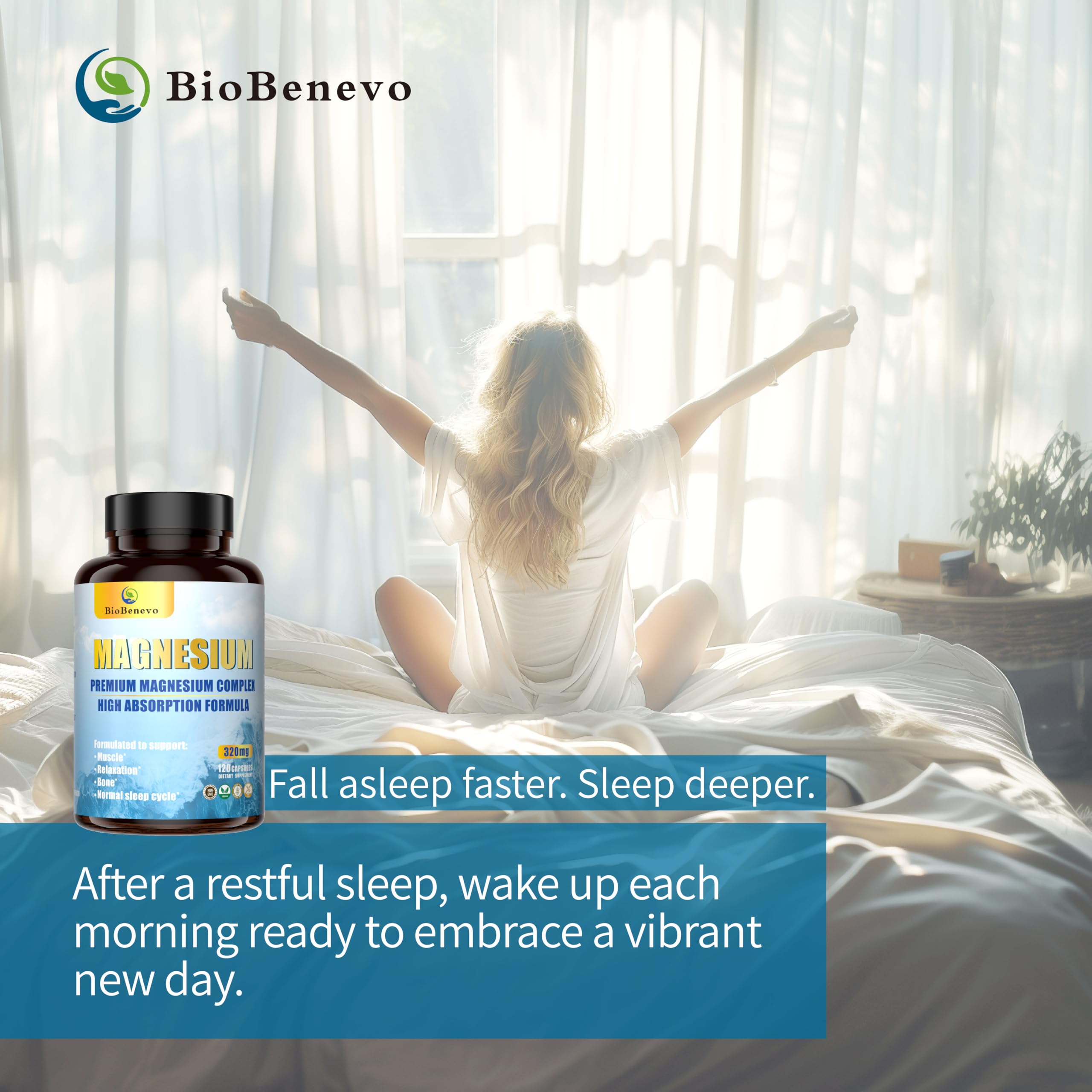 BioBenevo bottle on nightstand ready for restful sleep.