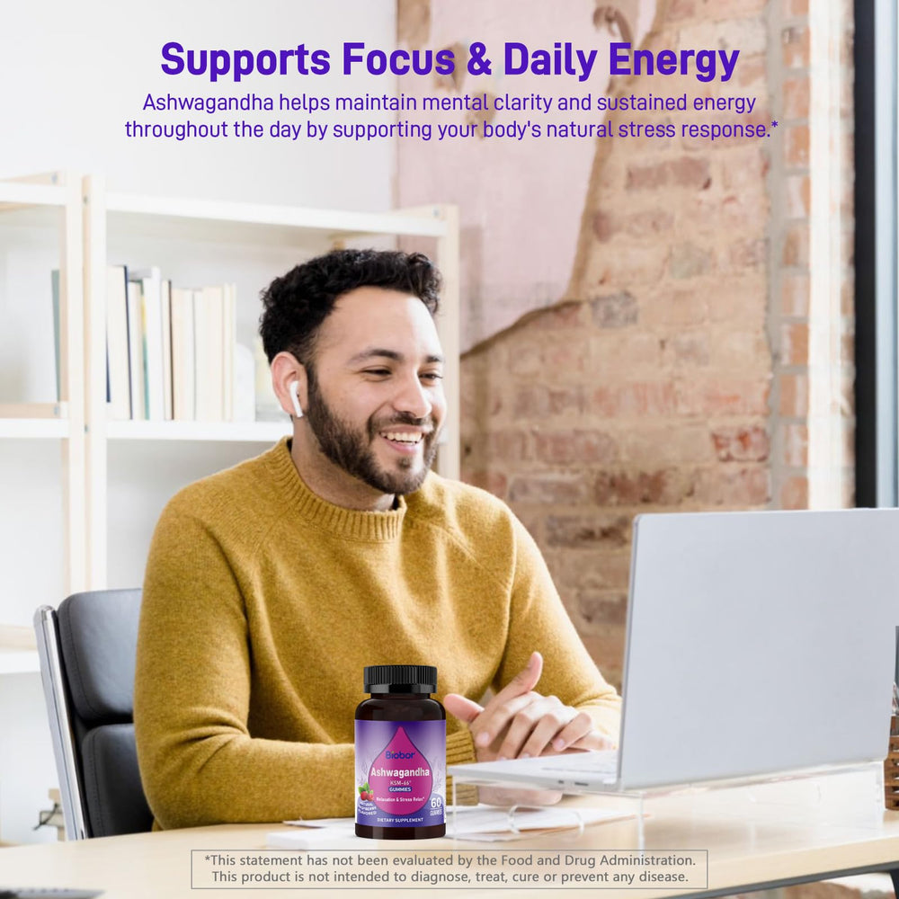Biobor Ashwagandha Gummies lifestyle desk scene during a workday.