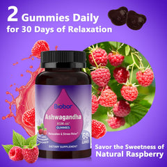 Biobor Ashwagandha Gummies packaging label shows non-GMO, gluten-free formula.