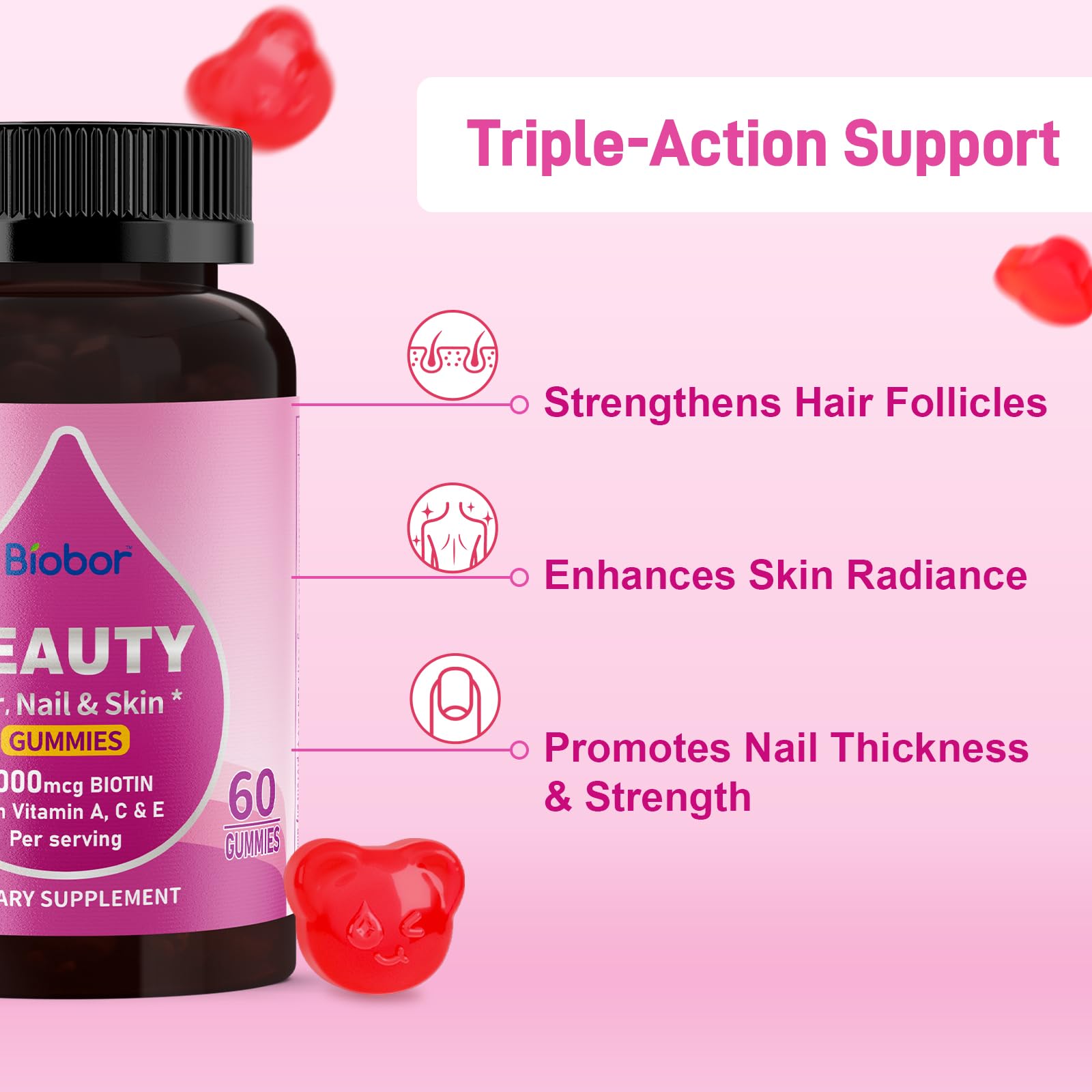 Biobor biotin gummies packaging highlights no sugar added.
