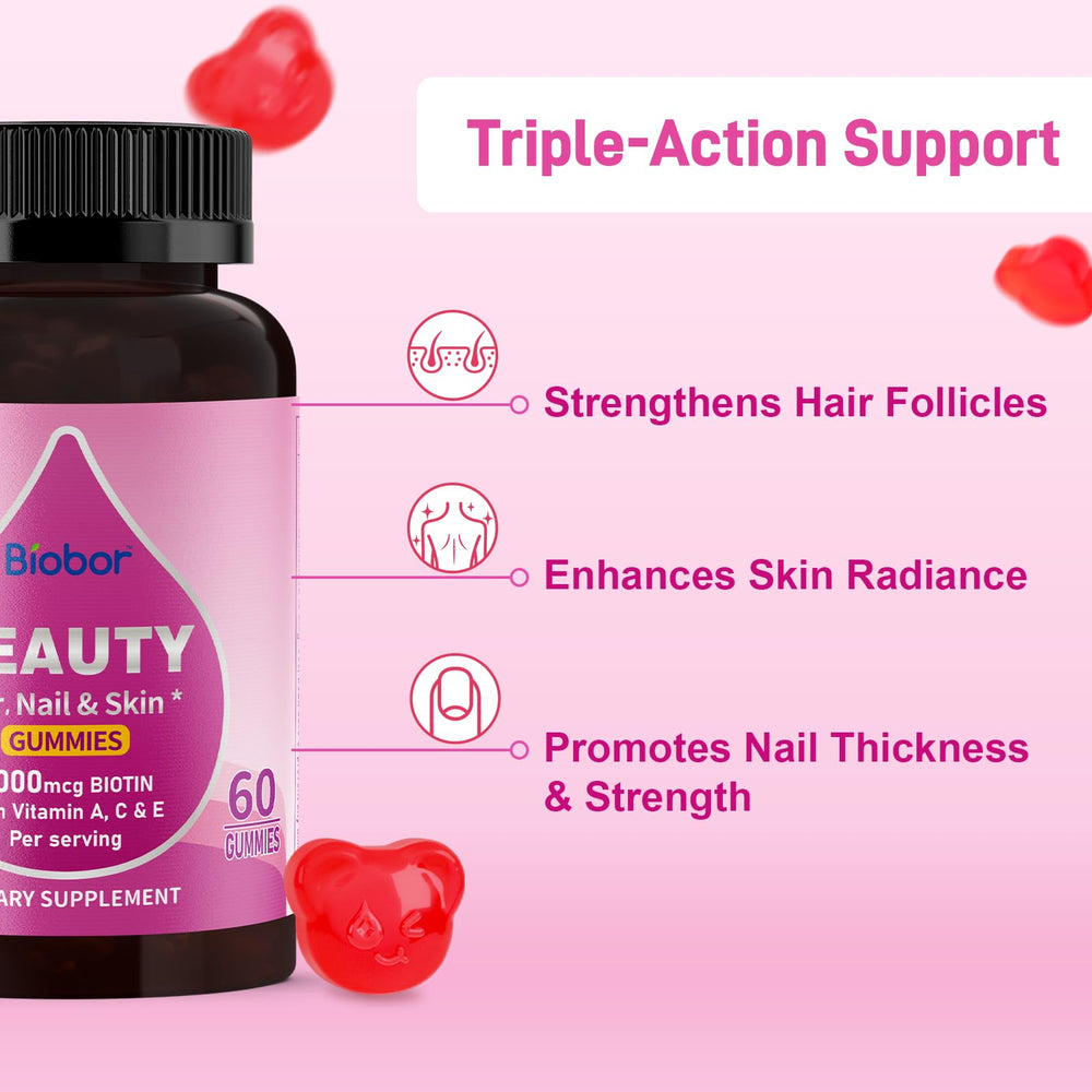 Biobor biotin gummies packaging highlights no sugar added.