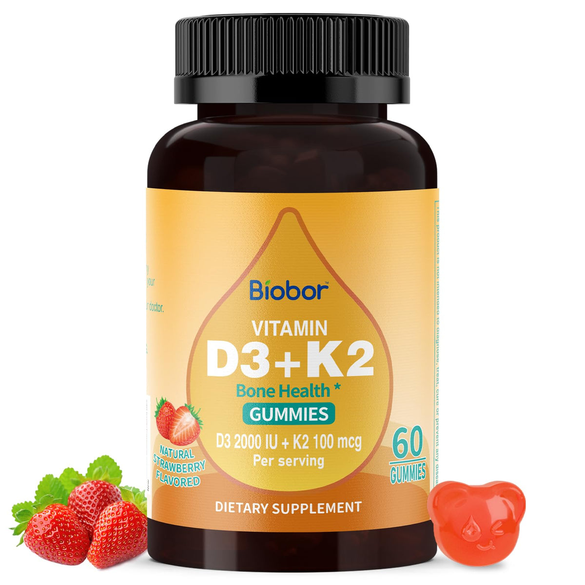 Biobor D3 K2 Gummies bottle front highlights the strawberry flavor for daily wellness.
