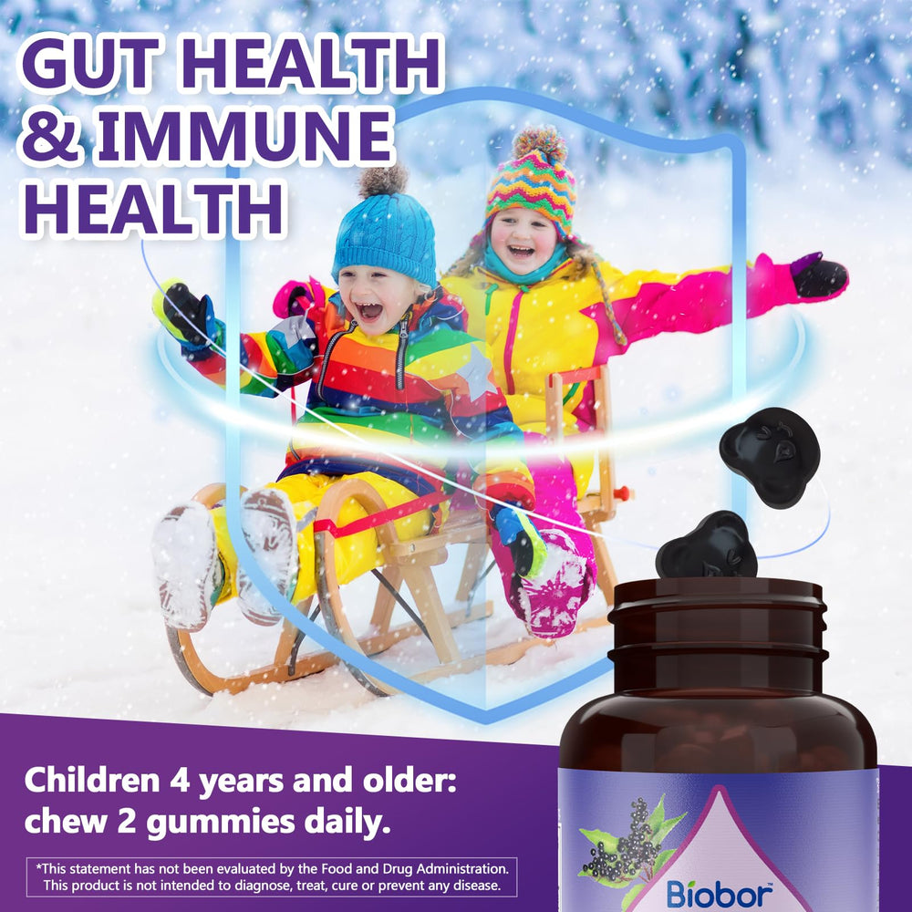 Biobor GMP-certified facility badge on Elderberry Gummies packaging.
