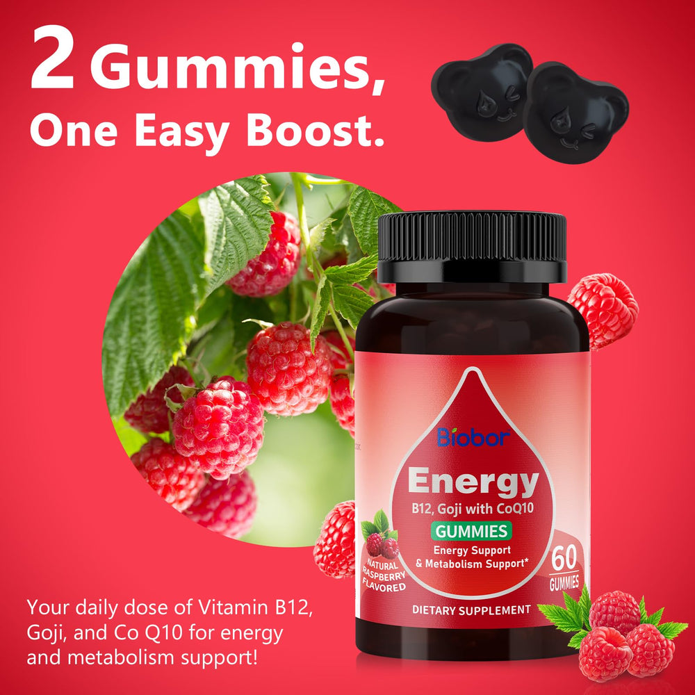 Biobor Goji CoQ10 gummies closeup showcases chewy texture and flavor.