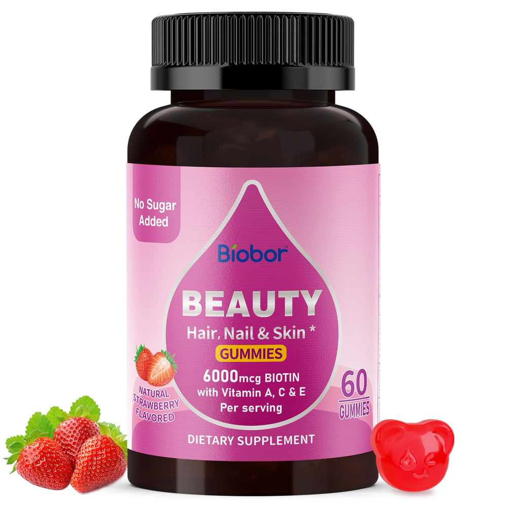 Biobor Natural biotin gummies bottle with strawberry flavor for beauty support.