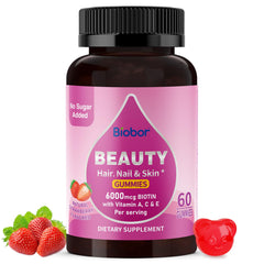 Biobor Natural biotin gummies bottle with strawberry flavor for beauty support.