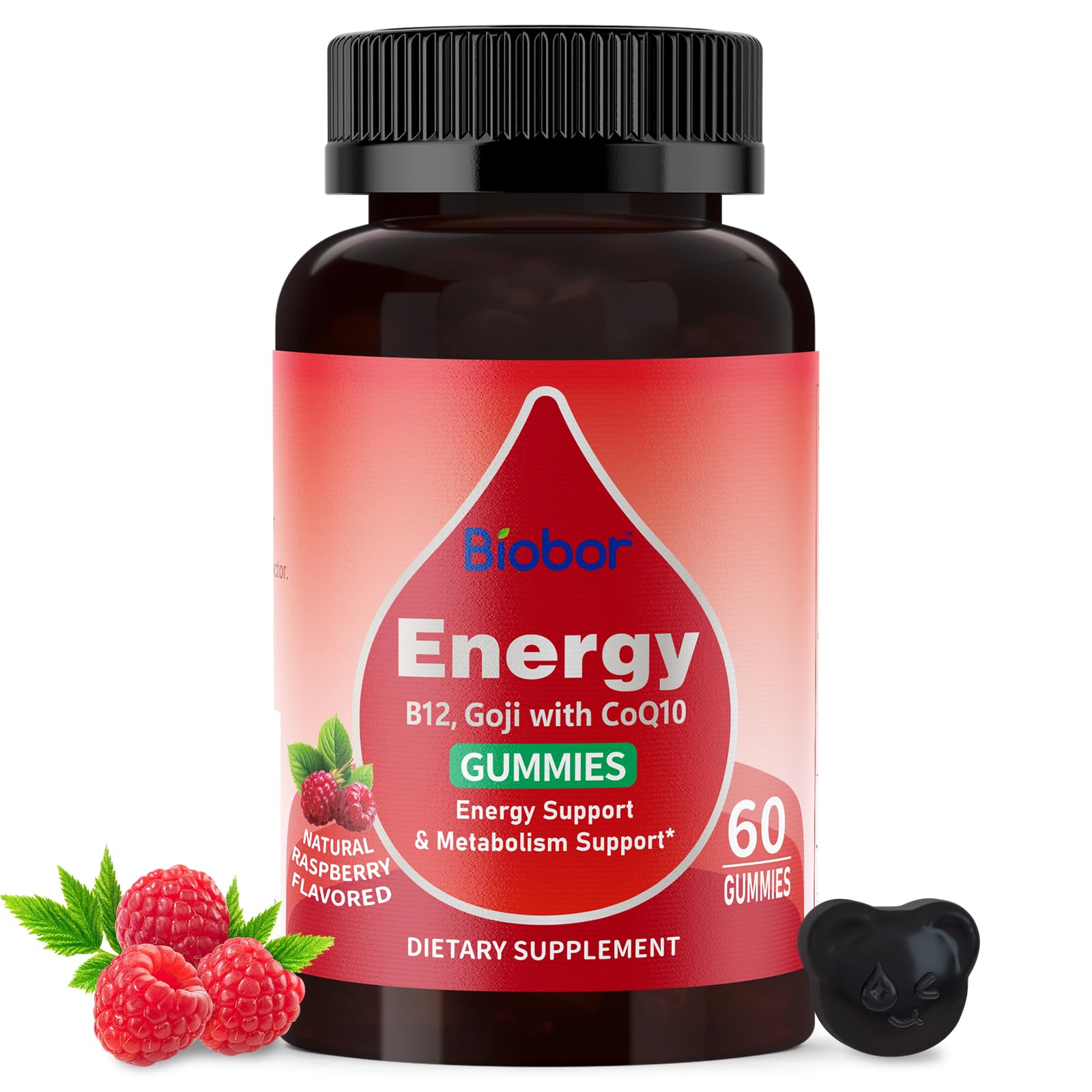 Biobor Natural Energy Gummies Raspberry bottle shown for convenient daily energy boost.