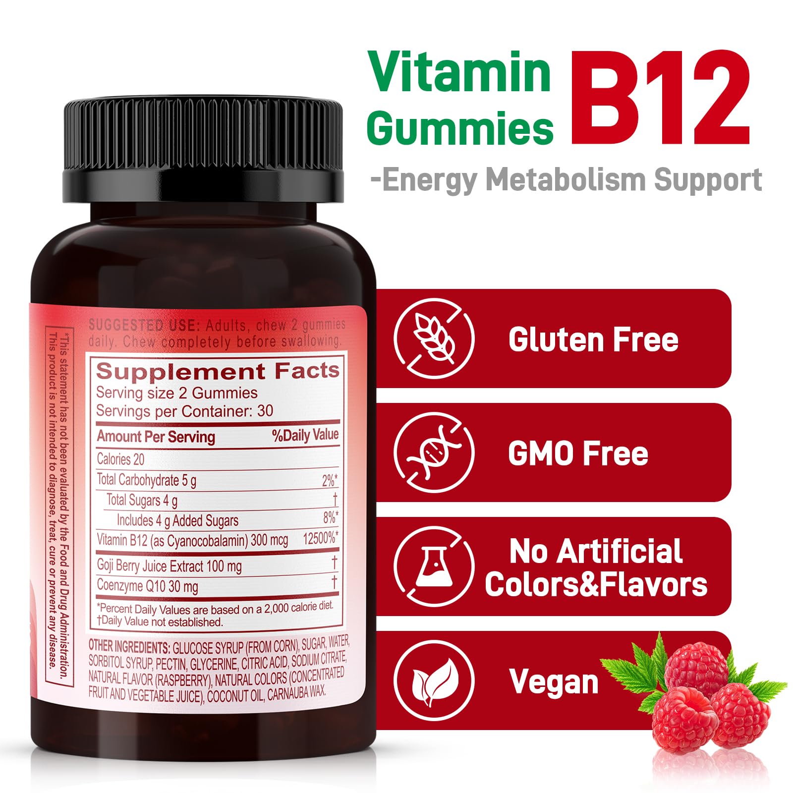 Biobor Natural Energy Gummies Raspberry label closeup highlights clean, GMO-free ingredients.