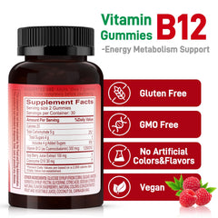 Biobor Natural Energy Gummies Raspberry label closeup highlights clean, GMO-free ingredients.