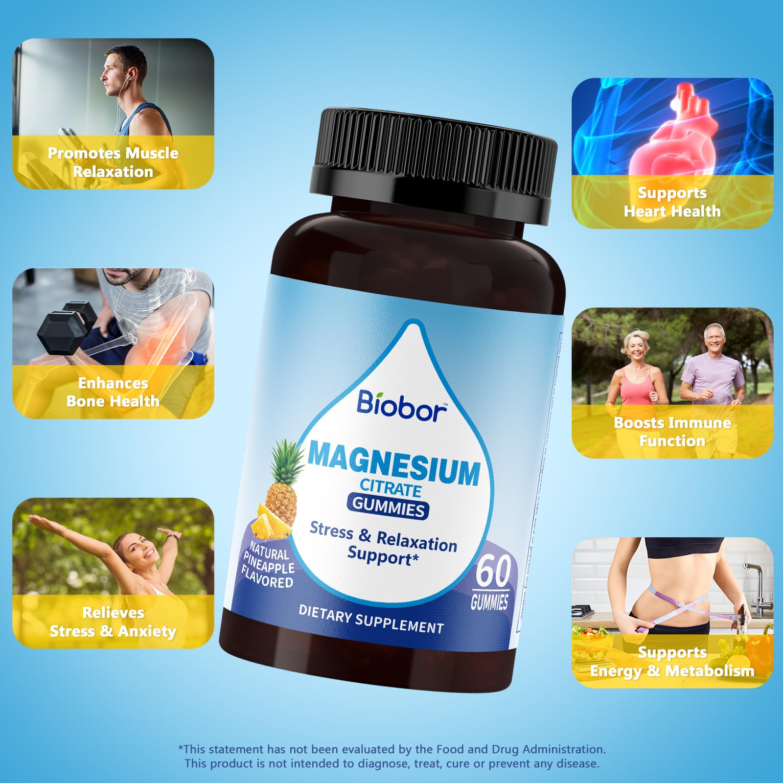 Biobor Potassium Magnesium Gummies bottle beside a workout bag emphasizing active lifestyle.