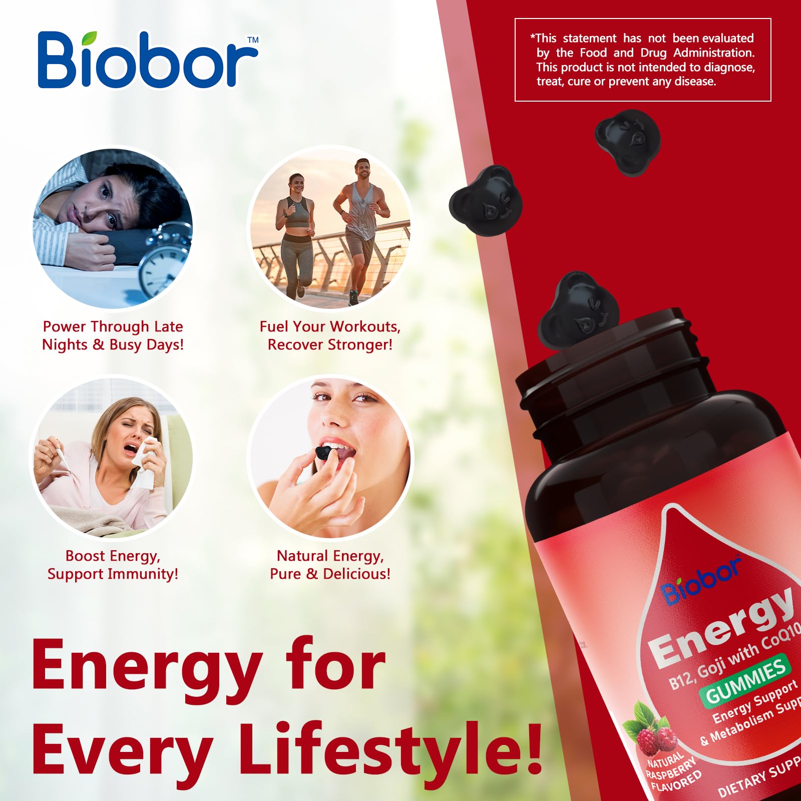 Biobor Raspberry-flavored energy gummies snack emphasizes convenient on-the-go energy.