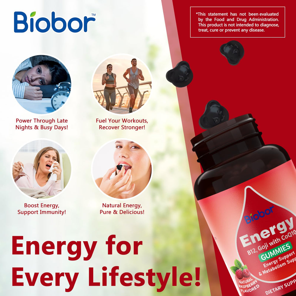 Biobor Raspberry-flavored energy gummies snack emphasizes convenient on-the-go energy.