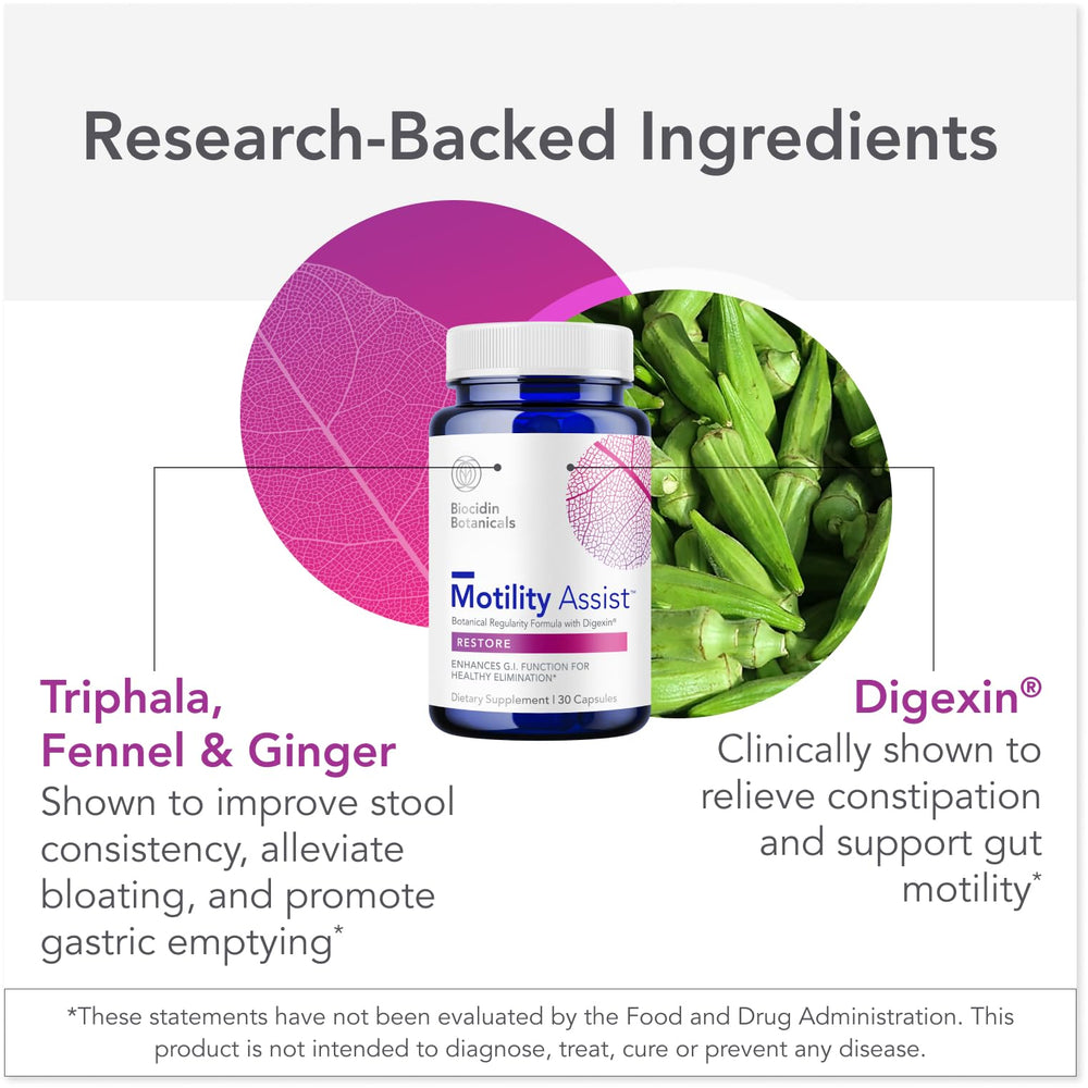 Bio-Botanical Research Biocidin Motility Assist label view highlights Digexin and Triphala botanicals.