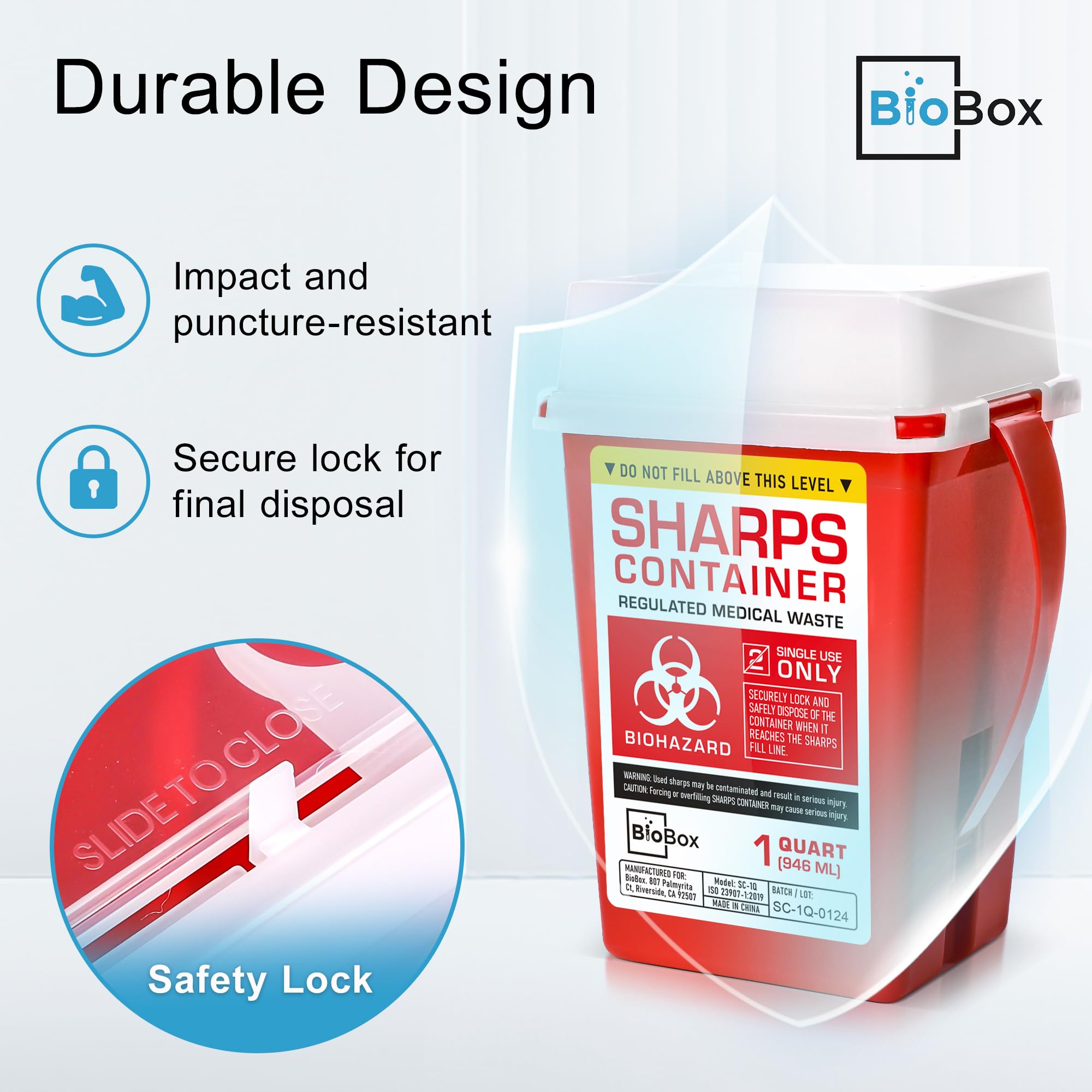 BioBox cierre seguro y diseño a prueba de perforación para manejo responsable.