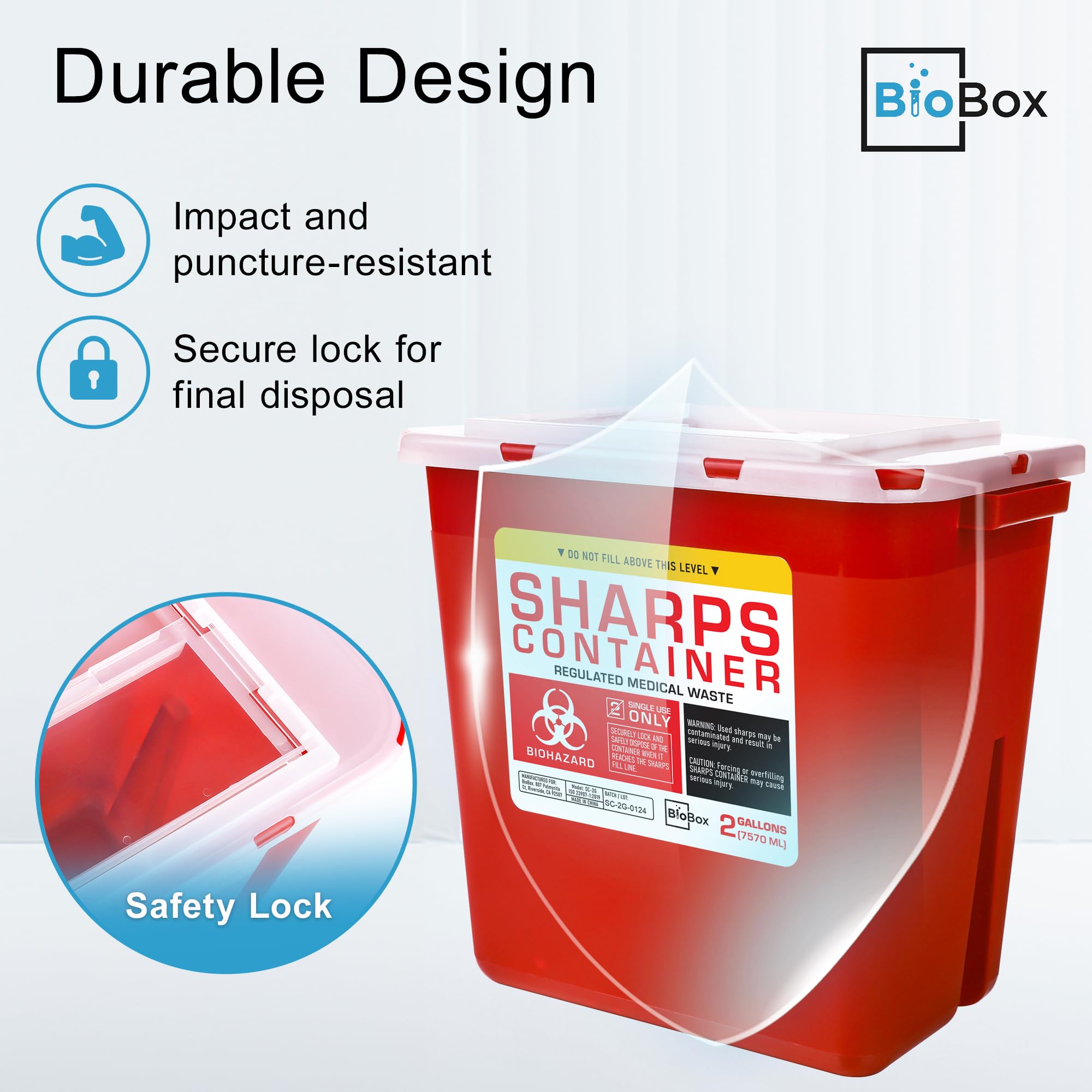 BioBox Sharps Container Large transparent lid for monitoring fill levels during use.