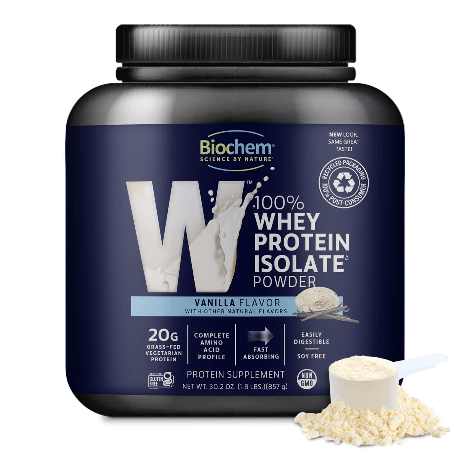 Biochem Whey Protein Isolate Vanilla bottle highlighting grass-fed quality and non-GMO ingredients
