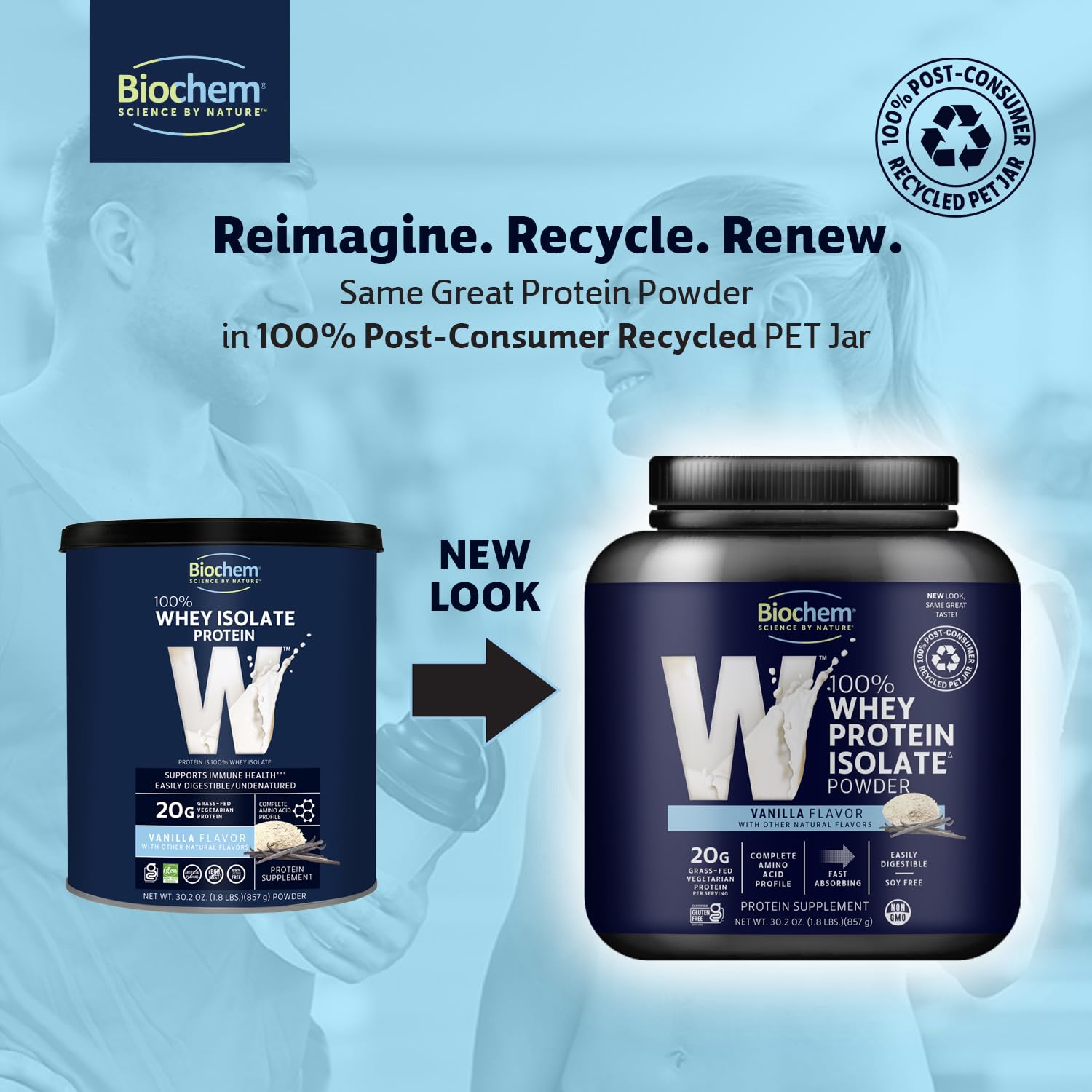 Biochem vanilla whey isolate scoop showing 20 g protein per serving for active routines