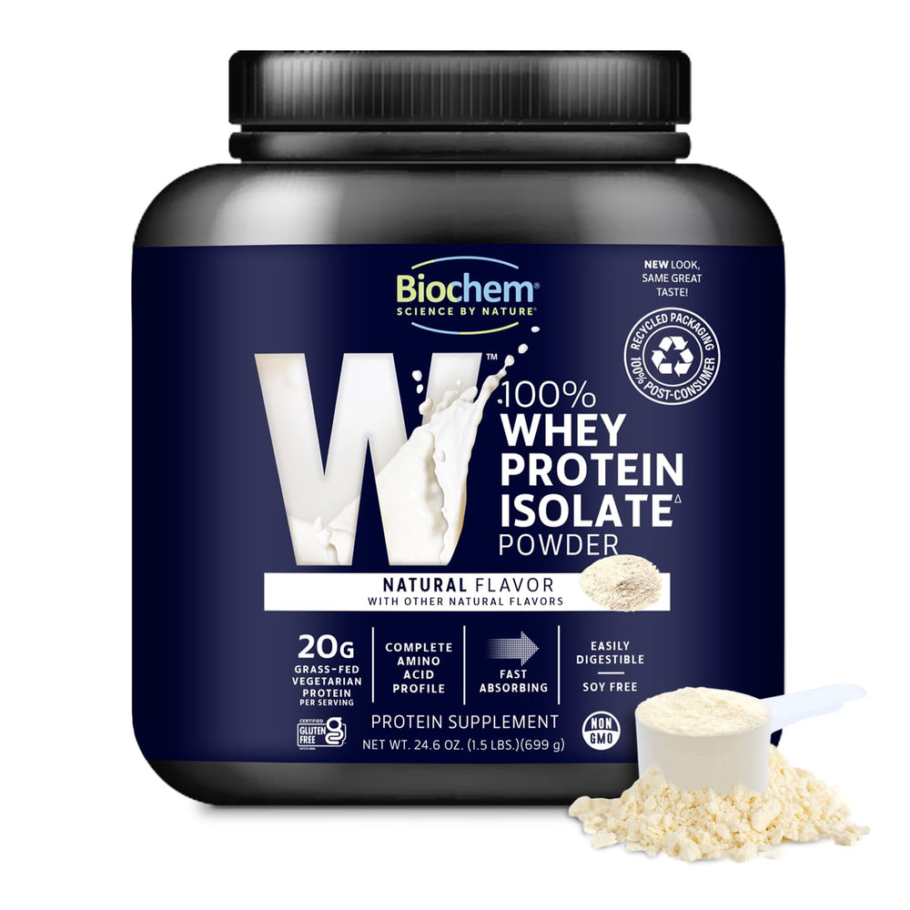 Biochem Whey Protein Powder jar front highlighting 20g protein per serving for workouts